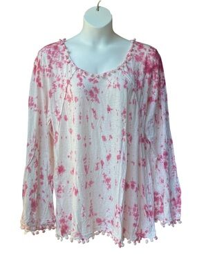 NWT Anandas Collection Tunic Top Tie Dye Pom Pom Boho Pink Womens Plus Size 3XL